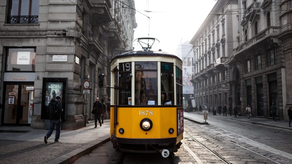 A trolley car in a city